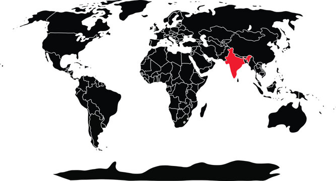 India Map Highlighted in Red on Black World Map Silhouette Vector Illustration