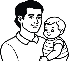 Man holding a baby, black and white line art