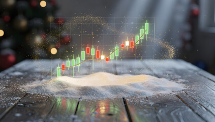 Futuristic 3D Christmas-themed stock market scene with glowing red and green elements, snowfall, holographic light, and cinematic winter atmosphere. AI Generated.