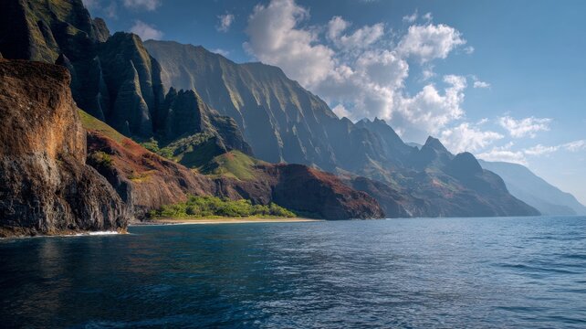 Dramatic na pali coast cliffs with lush green ridges and deep ocean waters along the rugged kauai shoreline in hawaii under bright natural daylight