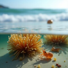 Underwater view of sea anemones and ocean waves on a sunny day