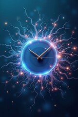 Abstract glowing clock face with digital neural network connections