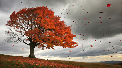 Vibrant autumn tree with orange and red leaves on a grassy hill, leaves falling and blowing in the wind under a dramatic cloudy sky