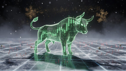 Futuristic 3D Christmas-themed stock market scene with glowing red and green elements, snowfall, holographic light, and cinematic winter atmosphere. AI Generated.