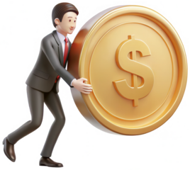 Businessman character pushing a large png 3D render png office png effort png teamwork png challenge png motivation png progress png business png heavy png suit png transparent background image