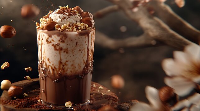 A hazelnut chocolate milkshake with roasted nuts and a cocoa dusting