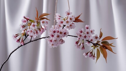 Two Cherry Blossom Branches Suspended by Twine with Soft Purple Drape Background sakura pink flowers