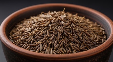 Brown ceramic bowl filled with caraway seeds close up cumin seeds spice