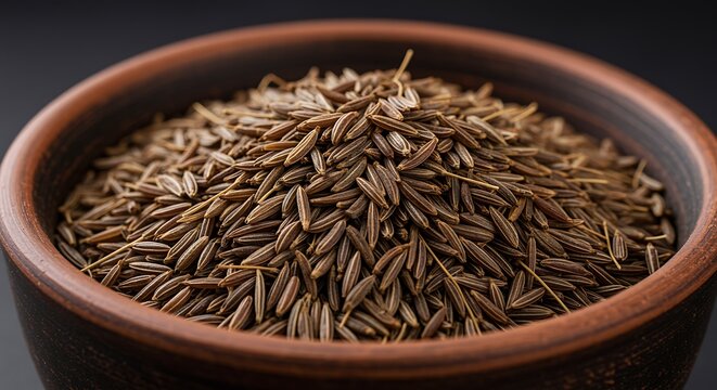 Brown ceramic bowl filled with caraway seeds close up cumin seeds spice - Powered by Adobe