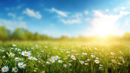 Sunlight bathes a vibrant field of daisies on a warm spring day. The clear blue sky features fluffy clouds creating a peaceful outdoor scene of nature's beauty.