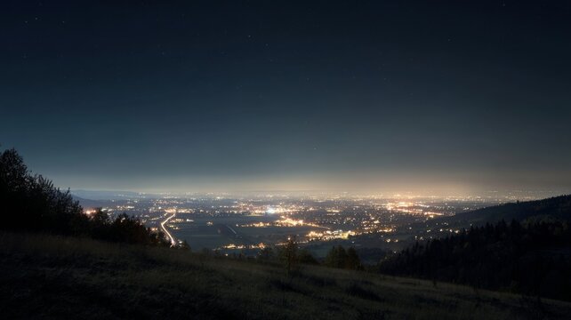 Starry night over calm mountain lake reflecting rugged peaks and dense forest under clear sky with bright stars creating serene wilderness and peaceful nocturnal scenery
