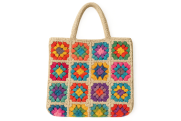 Colorful Crochet Granny Square Tote Bag Isolated on Transparent Background