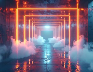 Futuristic tunnel lit by glowing orange squares with fog