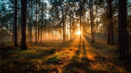 Fototapeta premium Sunrise unveils a tranquil forest scene where sunlight streams through tall trees. The soft mist lingers as golden light casts gentle shadows on the ground capturing nature's beauty.