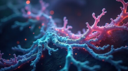 Abstract bioluminescent coral reef structure with glowing particles