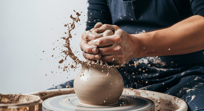 Potter crafting a ceramic piece on a spinning wheel with flying clay splashes