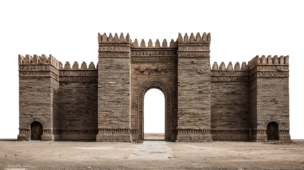 Ancient city of Nineveh gate replica background isolated on a Transparent background, PNG file.