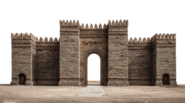 Ancient city of Nineveh gate replica background isolated on a Transparent background, PNG file.