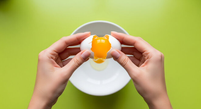 Hands cracking a fresh white egg, separating yolk into a bowl on a vibrant green background. - Powered by Adobe