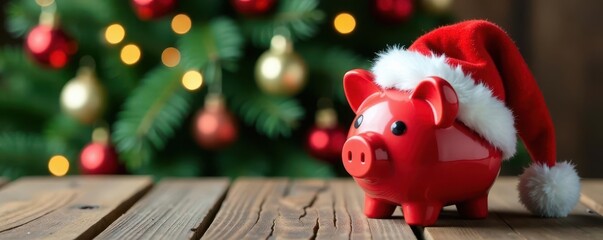 Red Santa hat piggy bank, festive Christmas tree backdrop, jolly, christmas backdrop, festive