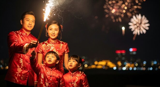 Festive Portrait of Asian Family Celebrating Lunar New Year with Sparklers