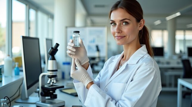 Female scientist in lab coat holding vial with microscope and computer in background