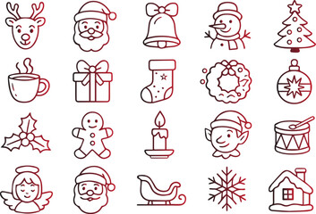 Fototapeta premium Collection of cute hand drawn line art icons representing various christmas and winter holiday symbols, isolated on white background