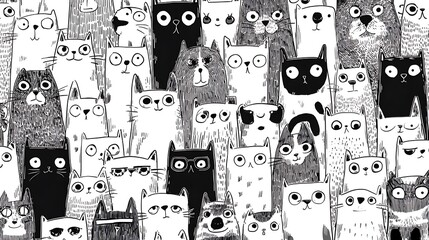 A charming and detailed black and white illustration of a large group of cats, each with unique features, forming a dense and whimsical feline pattern