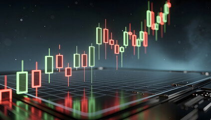 Futuristic 3D glowing candlestick chart with neon green and red candles on a dark holographic grid, cinematic lighting, reflections, and deep atmosphere. AI Generated.