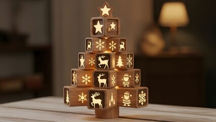 Illuminated wooden christmas tree decoration with star reindeer and santa