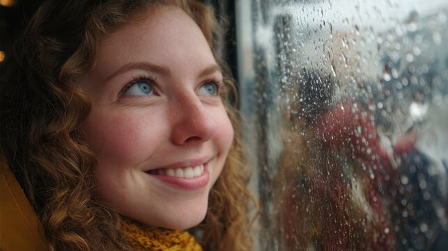 A young woman with curly hair smiles while gazing out a window. Rain cascades down the glass creating a cozy atmosphere. She appears content and reflective during a rainy day.