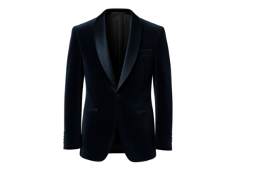 Elegant navy blue velvet tuxedo jacket isolated on transparent background.
