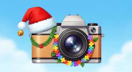 Digital camera decorated with a festive christmas santa hat and a colorful lei against a bright blue sky background