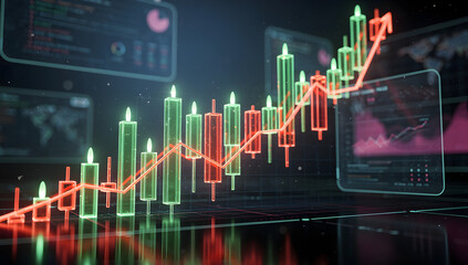 Futuristic 3D glowing candlestick chart with neon green and red candles on a dark holographic grid, cinematic lighting, reflections, and deep atmosphere. AI Generated.