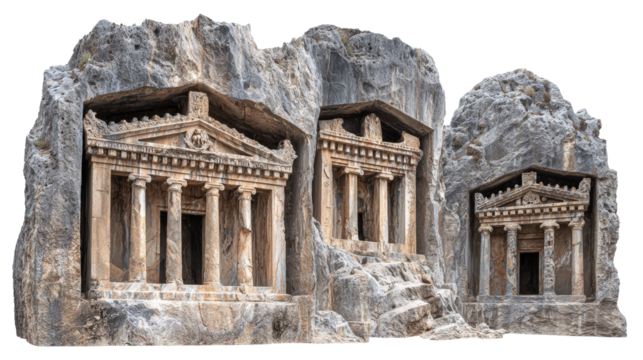 Ancient Lycian tombs in Turkey background isolated on a Transparent background, PNG file.