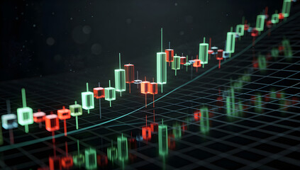 Futuristic 3D glowing candlestick chart with neon green and red candles on a dark holographic grid, cinematic lighting, reflections, and deep atmosphere. AI Generated.
