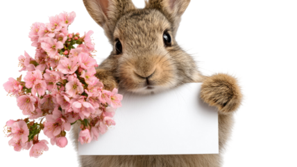 Cute fluffy white Easter bunny with pink tulips and colorful eggs