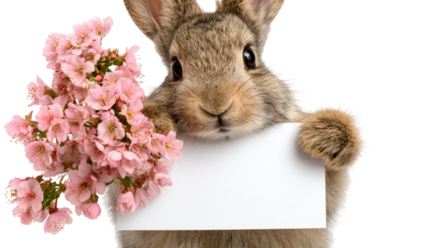 Cute fluffy white Easter bunny with pink tulips and colorful eggs