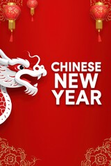 Red chinese new year background with dragon and lanterns