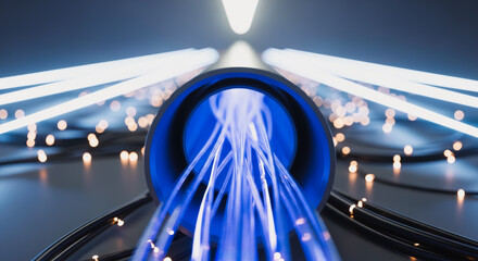 Fiber Optic cable transmits data through a blue data tunnel, a symbol of high-speed digital communication, the data transfer is fast in the tech world.