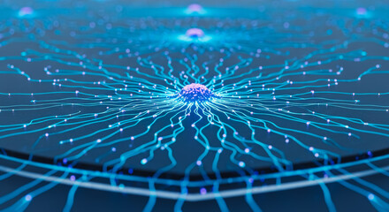 Abstract visualization of interconnected neural networks representing complex data processing and information exchange, a cutting-edge depiction of artificial intelligence and deep learning.