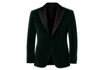 Elegant green velvet tuxedo jacket isolated on transparent background, cut-out