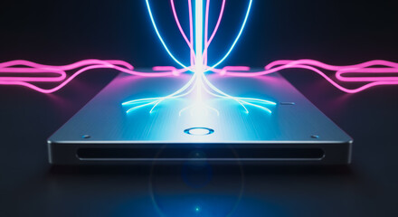 A futuristic digital device showcasing data flow. The image shows the essence of technological advancement and connection in the modern age.