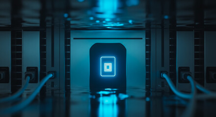 Futuristic server room bathed in cool blue light, showcasing advanced technology and data processing capabilities. Highlighting the intricate details of a modern data center environment.