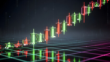 Futuristic 3D glowing candlestick chart with neon green and red candles on a dark holographic grid, cinematic lighting, reflections, and deep atmosphere. AI Generated.