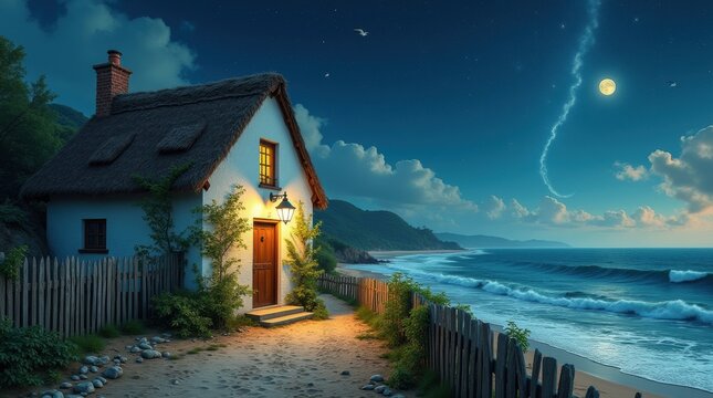 Cozy cottage by the sea at night with moonlit sky and glowing windows