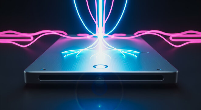 A futuristic digital device showcasing data flow. The image shows the essence of technological advancement and connection in the modern age. - Powered by Adobe