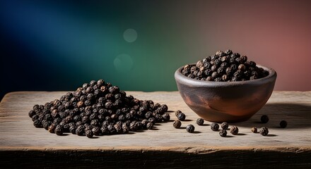 Black peppercorns piled on rustic wood with a dark moody background