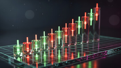 Futuristic 3D glowing candlestick chart with neon green and red candles on a dark holographic grid, cinematic lighting, reflections, and deep atmosphere. AI Generated.