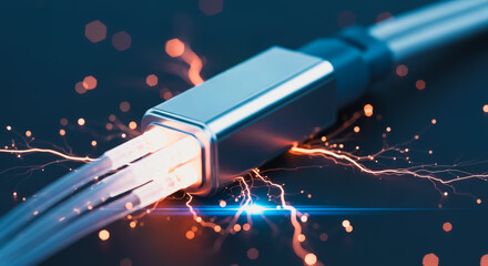 A futuristic illustration of a cable connection igniting energy sparks, symbolizing a high-tech data transfer in digital space.